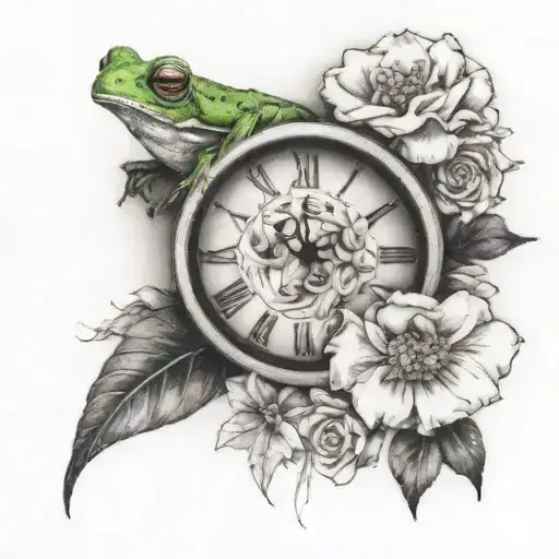 tree frog, clock, floral, feminine  tattoo design idea