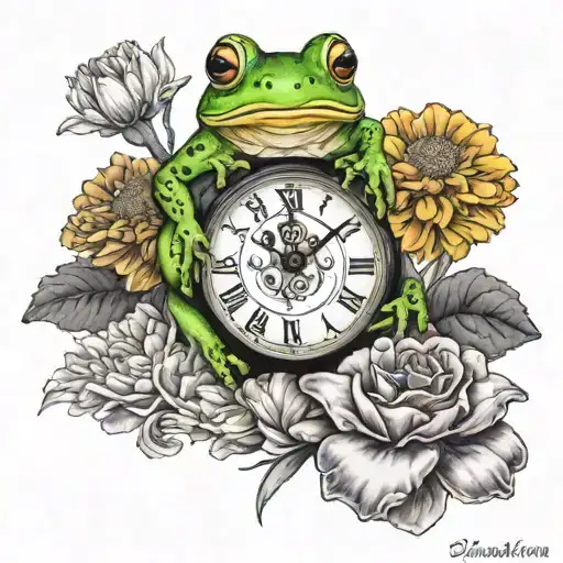frog, carnation, marigold, clock, floral tattoo design idea