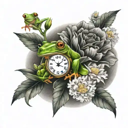 small tree frog, carnation, marigold, clock, floral, tattoo design idea