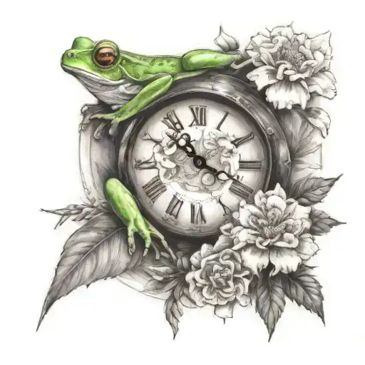 tree frog, carnation, marigold, clock, floral, feminine  tattoo design idea