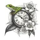tree frog, clock, floral, feminine  tattoo design idea