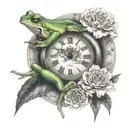 tree frog, carnation, marigold, clock, floral, feminine  tattoo design idea