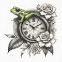 tree frog, carnation, marigold, clock, floral, feminine  tattoo design idea