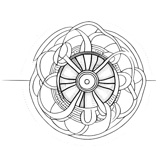A dotwork tattoo featuring a bicycle wheel merging into a rising sun over a tranquil seascape tattoo design idea