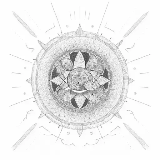 A dotwork tattoo featuring a bicycle wheel merging into a rising sun over a tranquil seascape tattoo design idea