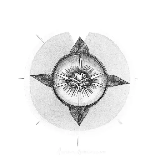 A dotwork tattoo featuring a bicycle wheel merging into a rising sun over a tranquil seascape tattoo design idea