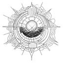 A dotwork tattoo featuring a bicycle wheel merging into a rising sun over a tranquil seascape tattoo design idea