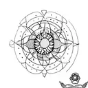 A dotwork tattoo featuring a bicycle wheel merging into a rising sun over a tranquil seascape tattoo design idea