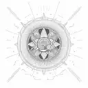 A dotwork tattoo featuring a bicycle wheel merging into a rising sun over a tranquil seascape tattoo design idea