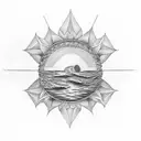 A dotwork tattoo featuring a bicycle wheel merging into a rising sun over a tranquil seascape tattoo design idea