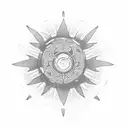 A dotwork tattoo featuring a bicycle wheel merging into a rising sun over a tranquil seascape tattoo design idea