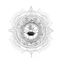 A dotwork tattoo featuring a bicycle wheel merging into a rising sun over a tranquil seascape tattoo design idea