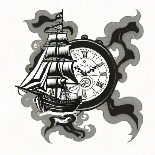 smoke sail ship old style clock tattoo design idea