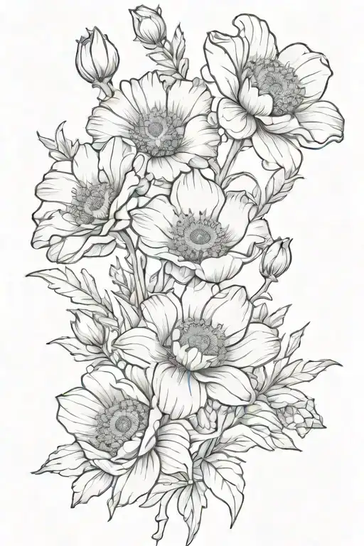 small fine line bouquet of one poppy, one gladiolus, one daisy, two sweet peas, and one chrysanthemum tattoo design idea