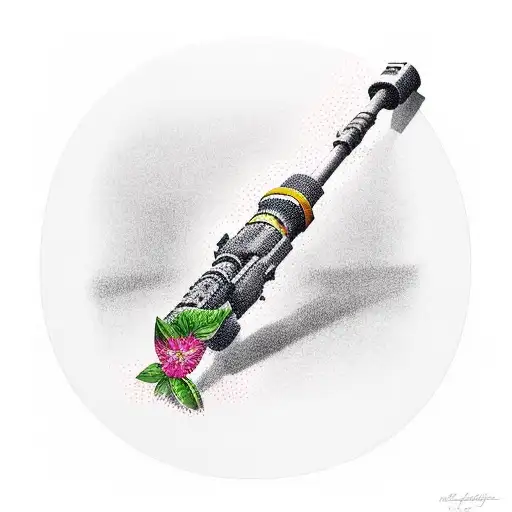 A bazooka with a basil plant shooting out of the barrel tattoo design idea