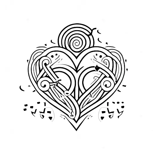 A minimalist tattoo design of a heart-shaped vinyl record with musical notes flowing out of it tattoo design idea