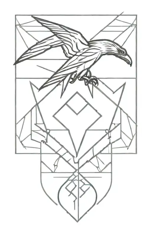 A geometric cyberpunk logo with ravens in Viking style and eight points of a chaos symbol.  tattoo design idea