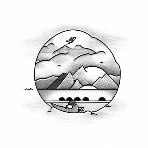 mountains, lake, clouds, sun, ducks and a boat  tattoo design idea