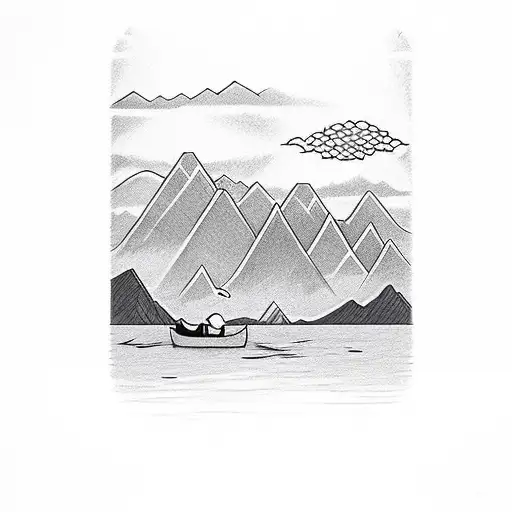 mountains, lake, clouds, sun, ducks and a boat  tattoo design idea