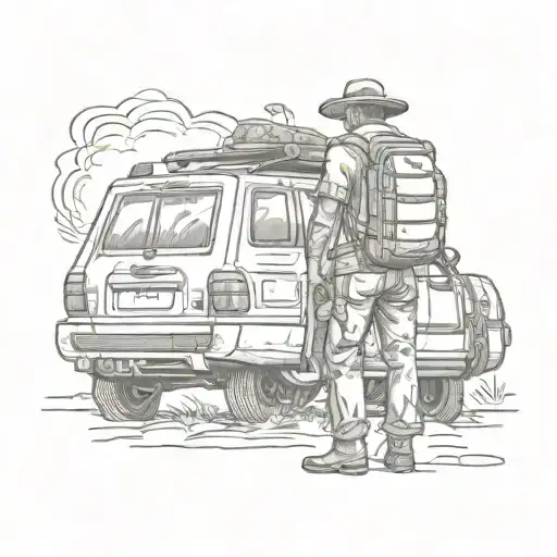 explorer standing next to SUV with traveller backpack  tattoo design idea