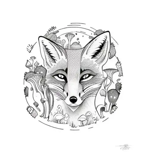 A sketch-style tattoo of a curious fox peering out from behind a cluster of vibrant mushrooms, capturing your fascination with animals and fungi. tattoo design idea