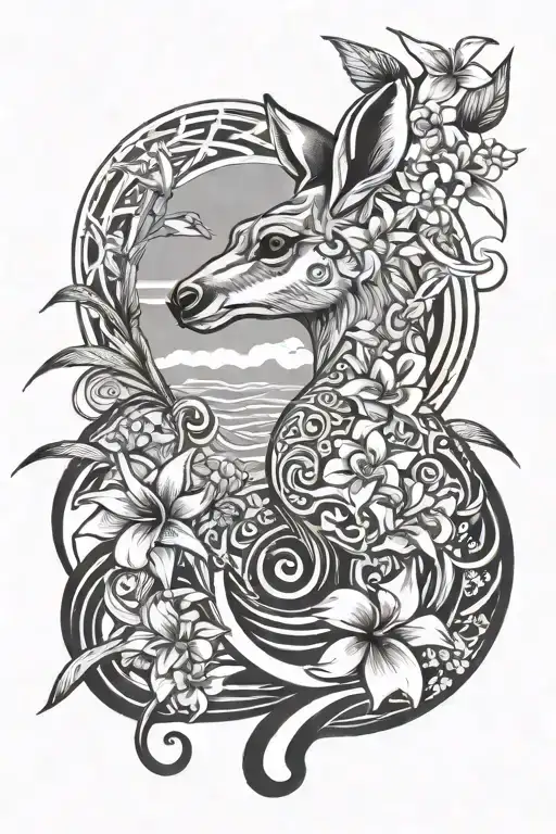 kangaroo, waves, palm trees, plumeria flowers, yellow finches  tattoo design idea