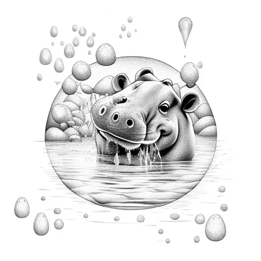 A playful hippo splashing in a river, surrounded by floating lily pads and water plants tattoo design idea