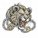 lion biting chain wrapped tattoo design idea