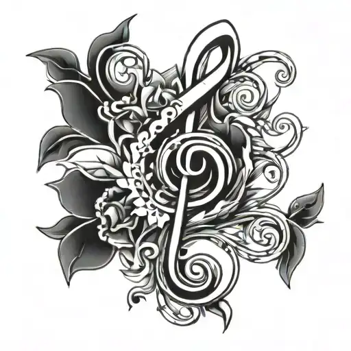 A tattoo with a treble clef with a naif flower and a spanner all entangled together tattoo design idea