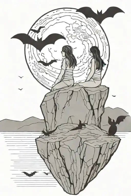 two girls side by side on a rock in the mountains overlooking a lake watching the full moon rise with bats flying above tattoo design idea