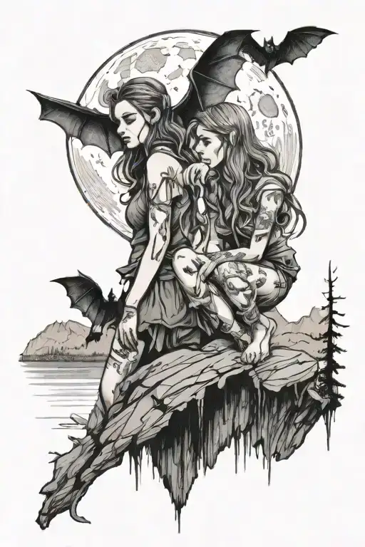 two girls side by side on a rock in the mountains overlooking a lake watching the full moon rise with bats flying above tattoo design idea
