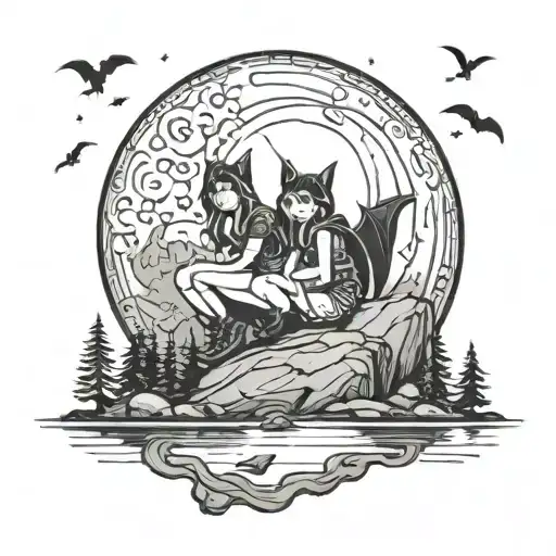 two girls on a rock in the mountains overlooking a lake watching the full moon rise with bats flying overhead  tattoo design idea