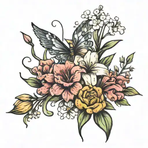 skinny bouquet with one gladiolus, one daisy flower, and some leaves and  on the side. floating heart and small butterfl tattoo design idea