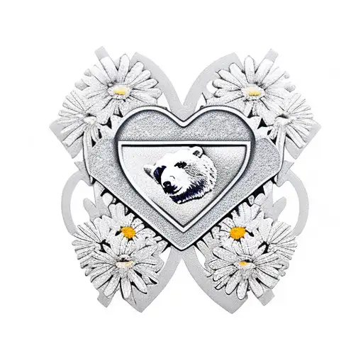 bear military diamond heart silver coins daisies tattoo design idea