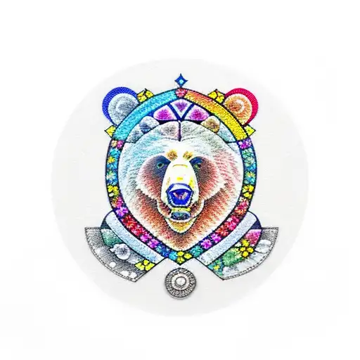 bear, diamond heart, silver coins, daisies tattoo design idea