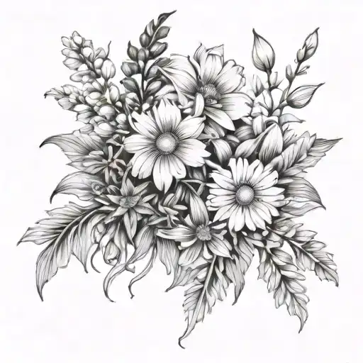 daisy, sweet pea flower, dafodil, jonquils, marigold, cosmos flower, holly and narcissus tattoo design idea