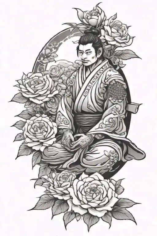 Samurai meditating in rose garden tattoo design idea