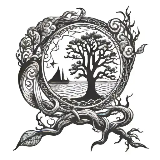 tree moon sea viking tattoo design idea