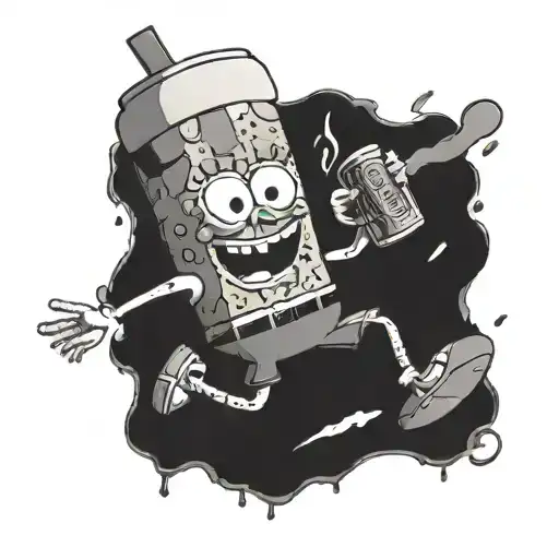 A black-grey tattoo of SpongeBob kicking a beer can like a football tattoo design idea