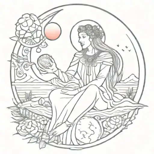 Black line art simple High priestess tarot card tattoo, full body, pomegranate in her hand, sitting on moon, sunset  tattoo design idea