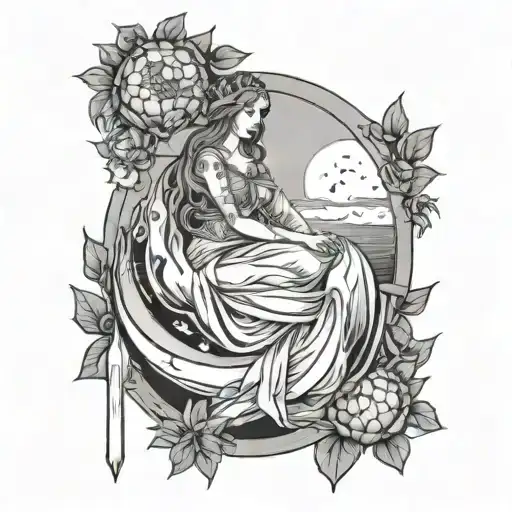  High priestess tarot card tattoo, full body, pomegranate in her hand, sitting on moon, sunset  tattoo design idea
