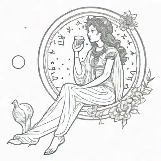  High priestess tarot card tattoo, full body, pomegranate in her hand, sitting on moon, sunset  tattoo design idea
