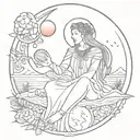 Black line art simple High priestess tarot card tattoo, full body, pomegranate in her hand, sitting on moon, sunset  tattoo design idea