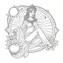Black line art simple High priestess tarot card tattoo, full body, pomegranate in her hand, sitting on moon, sunset  tattoo design idea
