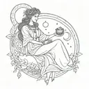 Black line art simple High priestess tarot card tattoo, full body, pomegranate in her hand, sitting on moon, sunset  tattoo design idea