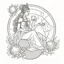 Black line art simple High priestess tarot card tattoo, full body, pomegranate in her hand, sitting on moon, sunset  tattoo design idea