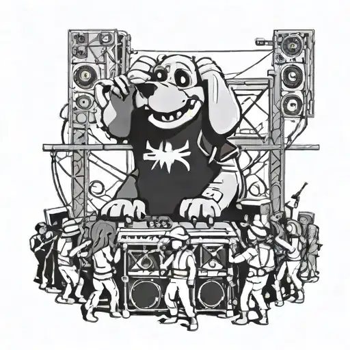 A rock concert stage with a giant dog as the lead singer, surrounded by fans in cosplay costumes tattoo design idea