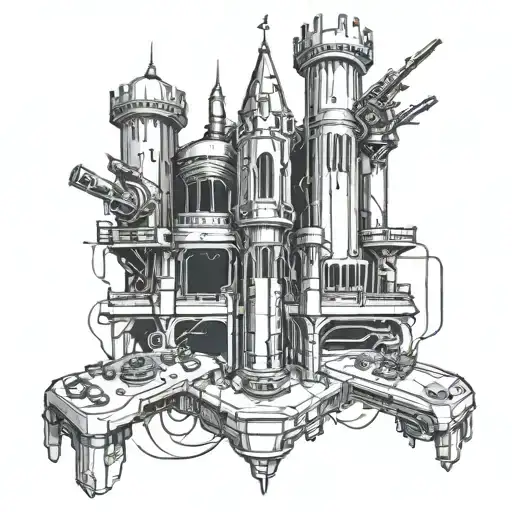 A futuristic cyberpunk castle surrounded by medieval weapons, with a hidden gaming console inside tattoo design idea