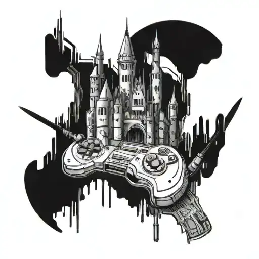 A futuristic cyberpunk castle surrounded by medieval weapons, with a hidden gaming console inside tattoo design idea