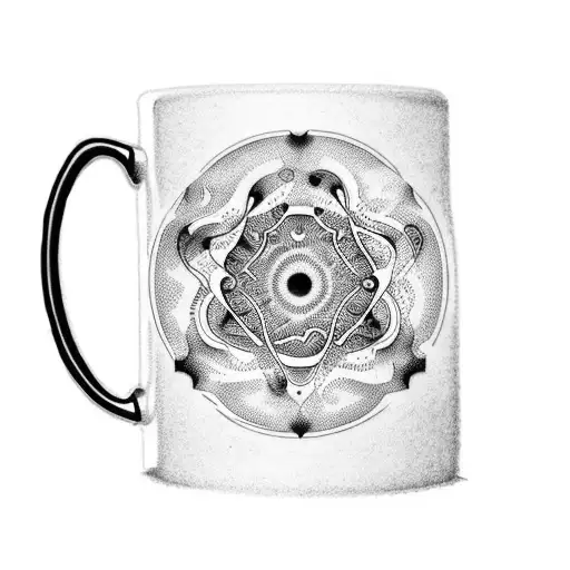 A coffee mug with a swirling pattern of overthinking thought bubbles tattoo design idea